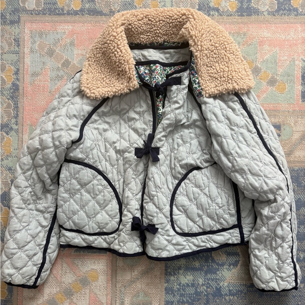 The Great Quilted Puff Jacket with Sherpa Collar - Light Blue with Navy Trim